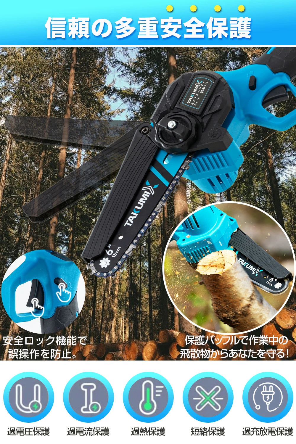 チェーンソー 充電式 電動ノコギリ ハンディチェーンソー 6インチ 8インチ